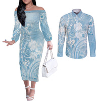 Aloha Hawaii Turtles Floral Couples Matching Off The Shoulder Long Sleeve Dress and Long Sleeve Button Shirt Aqua Marbles Glaze