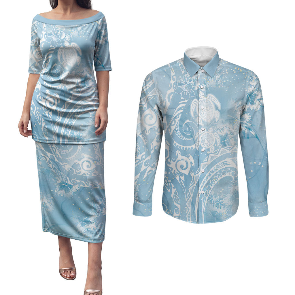 Aloha Hawaii Turtles Floral Couples Matching Puletasi and Long Sleeve Button Shirt Aqua Marbles Glaze LT7 Aqua - Polynesian Pride