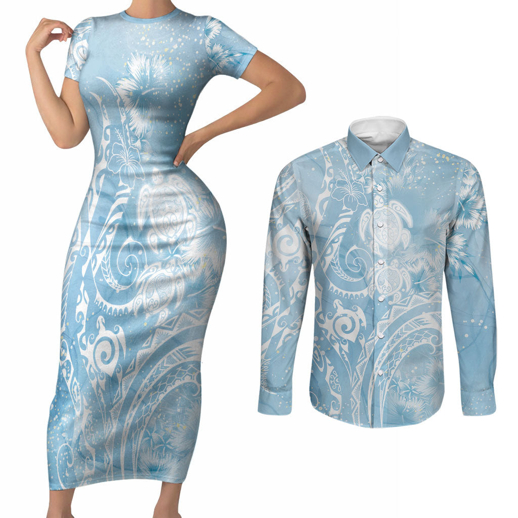 Aloha Hawaii Turtles Floral Couples Matching Short Sleeve Bodycon Dress and Long Sleeve Button Shirt Aqua Marbles Glaze LT7 Aqua - Polynesian Pride