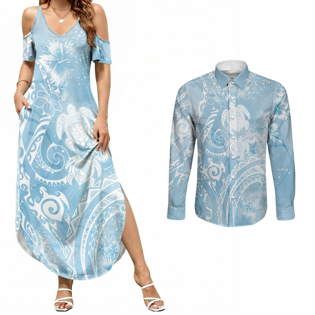 Aloha Hawaii Turtles Floral Couples Matching Summer Maxi Dress and Long Sleeve Button Shirt Aqua Marbles Glaze LT7 Aqua - Polynesian Pride