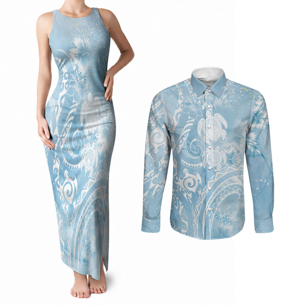 Aloha Hawaii Turtles Floral Couples Matching Tank Maxi Dress and Long Sleeve Button Shirt Aqua Marbles Glaze LT7 Aqua - Polynesian Pride