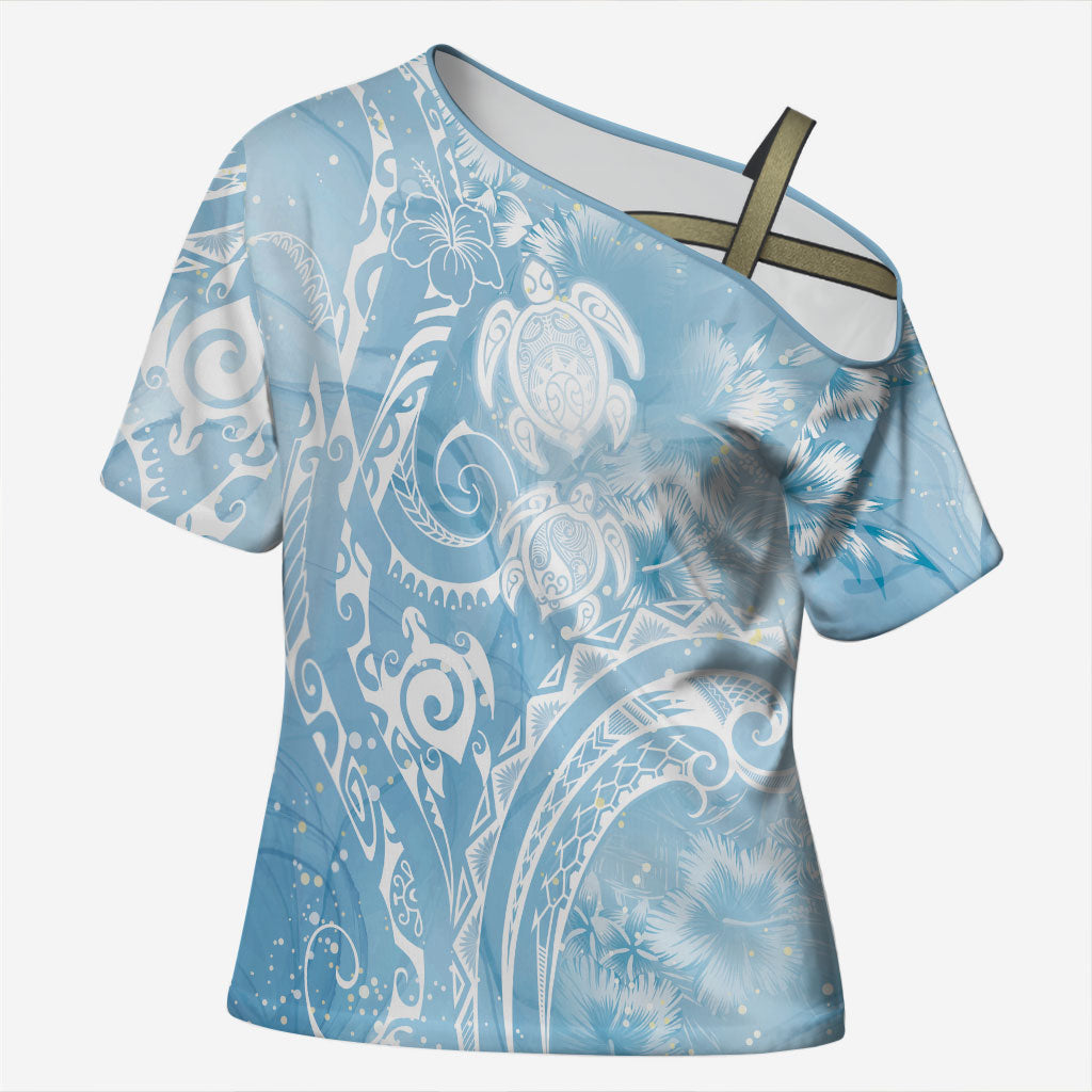 Aloha Hawaii Turtles Floral Cross Shoulder Shirt Aqua Marbles Glaze LT7 Female Aqua - Polynesian Pride