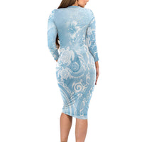 Aloha Hawaii Turtles Floral Family Matching Long Sleeve Bodycon Dress and Hawaiian Shirt Aqua Marbles Glaze
