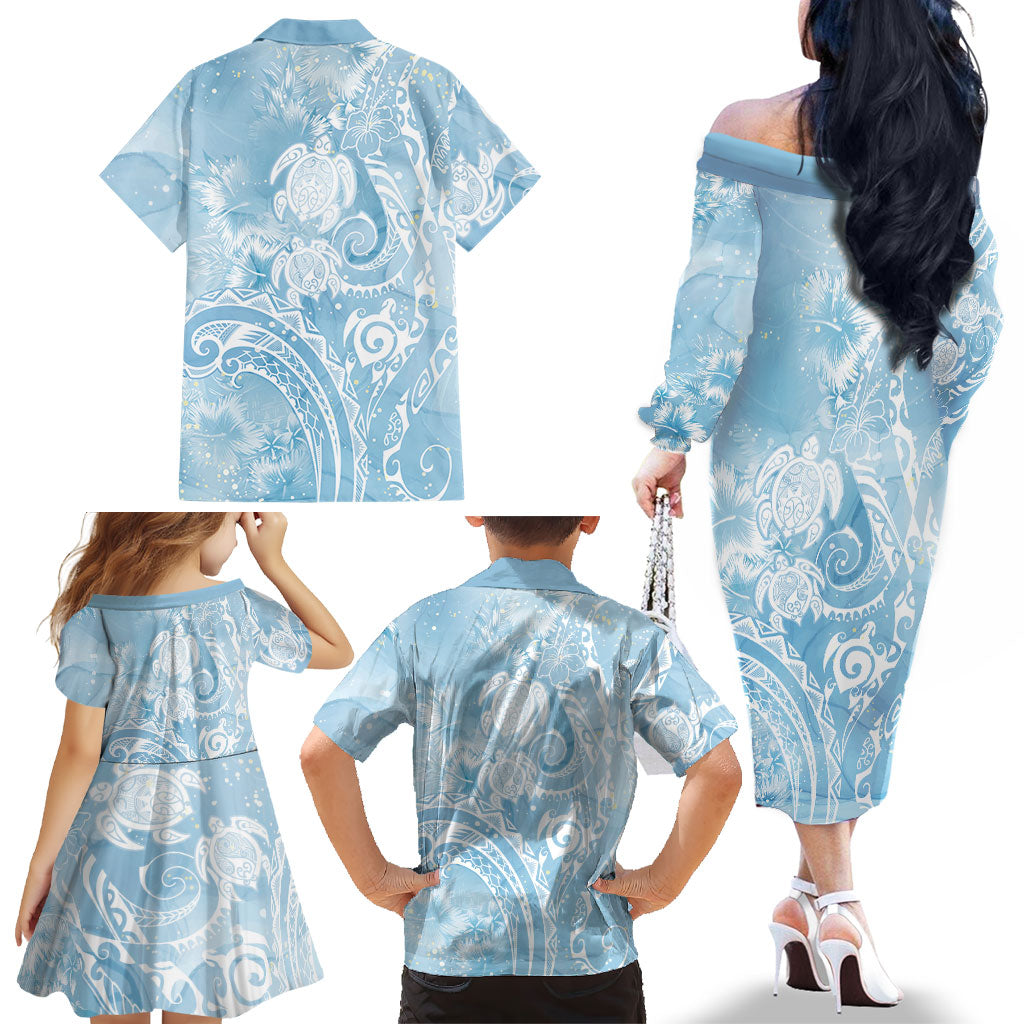 Aloha Hawaii Turtles Floral Family Matching Off The Shoulder Long Sleeve Dress and Hawaiian Shirt Aqua Marbles Glaze