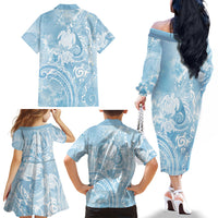 Aloha Hawaii Turtles Floral Family Matching Off The Shoulder Long Sleeve Dress and Hawaiian Shirt Aqua Marbles Glaze