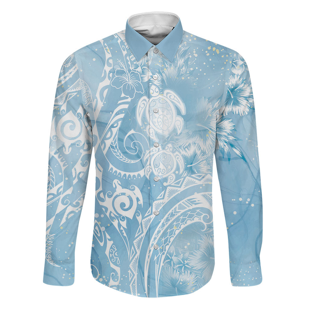 Aloha Hawaii Turtles Floral Family Matching Off The Shoulder Long Sleeve Dress and Hawaiian Shirt Aqua Marbles Glaze