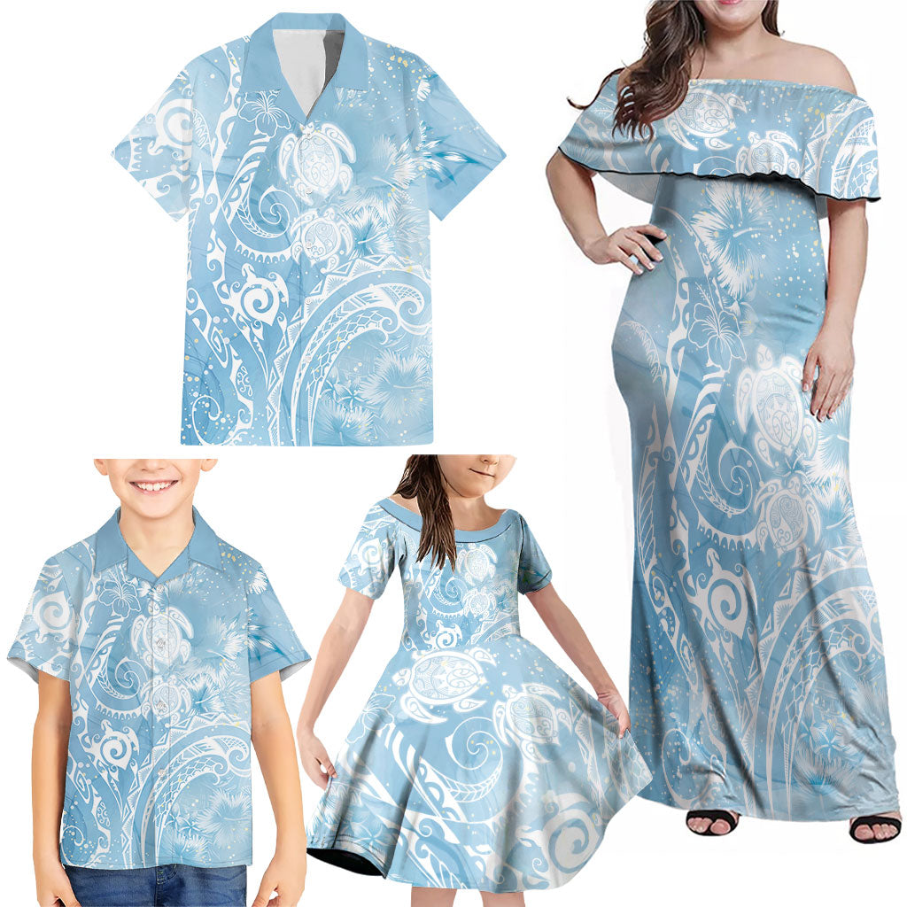Aloha Hawaii Turtles Floral Family Matching Off Shoulder Maxi Dress and Hawaiian Shirt Aqua Marbles Glaze