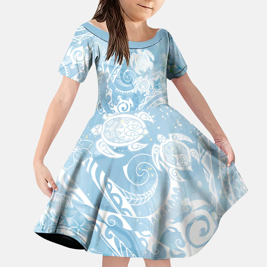Aloha Hawaii Turtles Floral Family Matching Off Shoulder Short Dress and Hawaiian Shirt Aqua Marbles Glaze