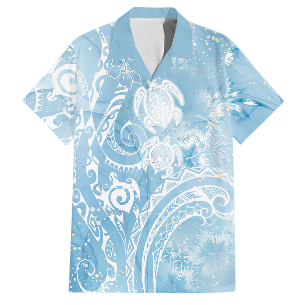Aloha Hawaii Turtles Floral Family Matching Off Shoulder Short Dress and Hawaiian Shirt Aqua Marbles Glaze