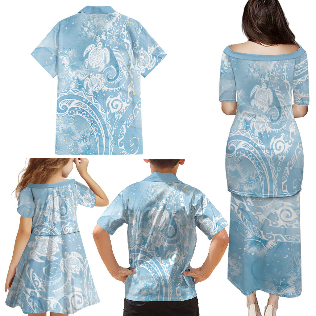 Aloha Hawaii Turtles Floral Family Matching Puletasi and Hawaiian Shirt Aqua Marbles Glaze