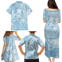 Aloha Hawaii Turtles Floral Family Matching Puletasi and Hawaiian Shirt Aqua Marbles Glaze