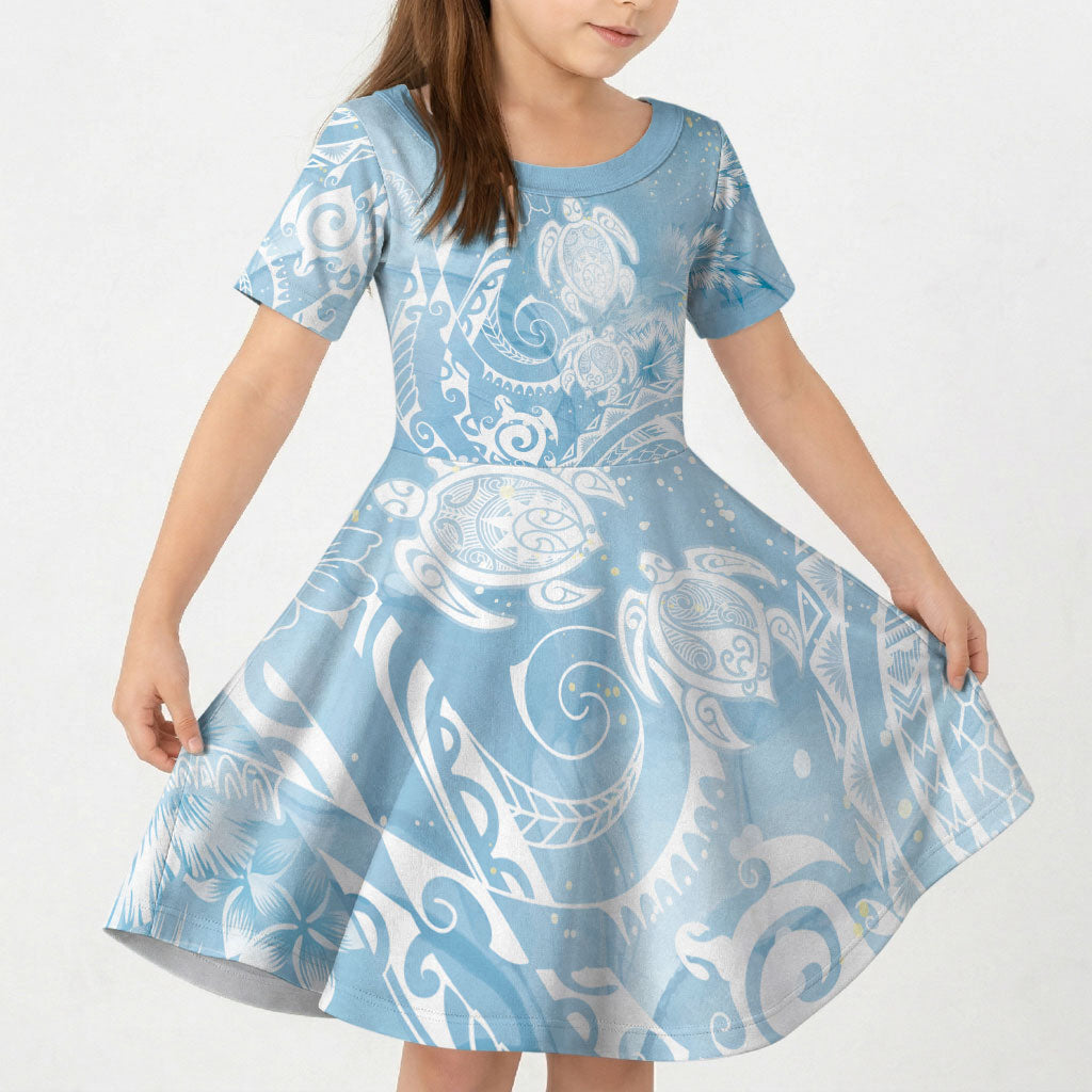 Aloha Hawaii Turtles Floral Kid Short Sleeve Dress Aqua Marbles Glaze LT7 KID Aqua - Polynesian Pride