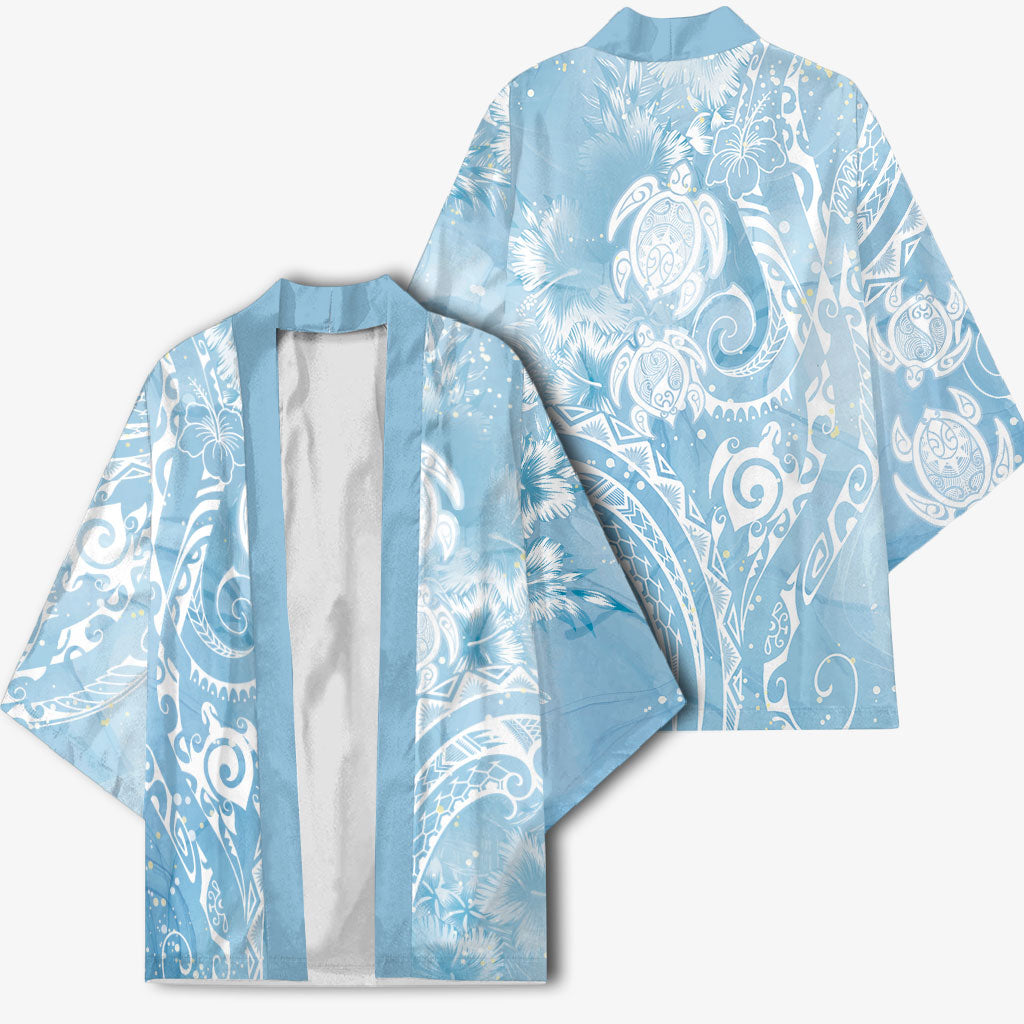 Aloha Hawaii Turtles Floral Kimono Aqua Marbles Glaze