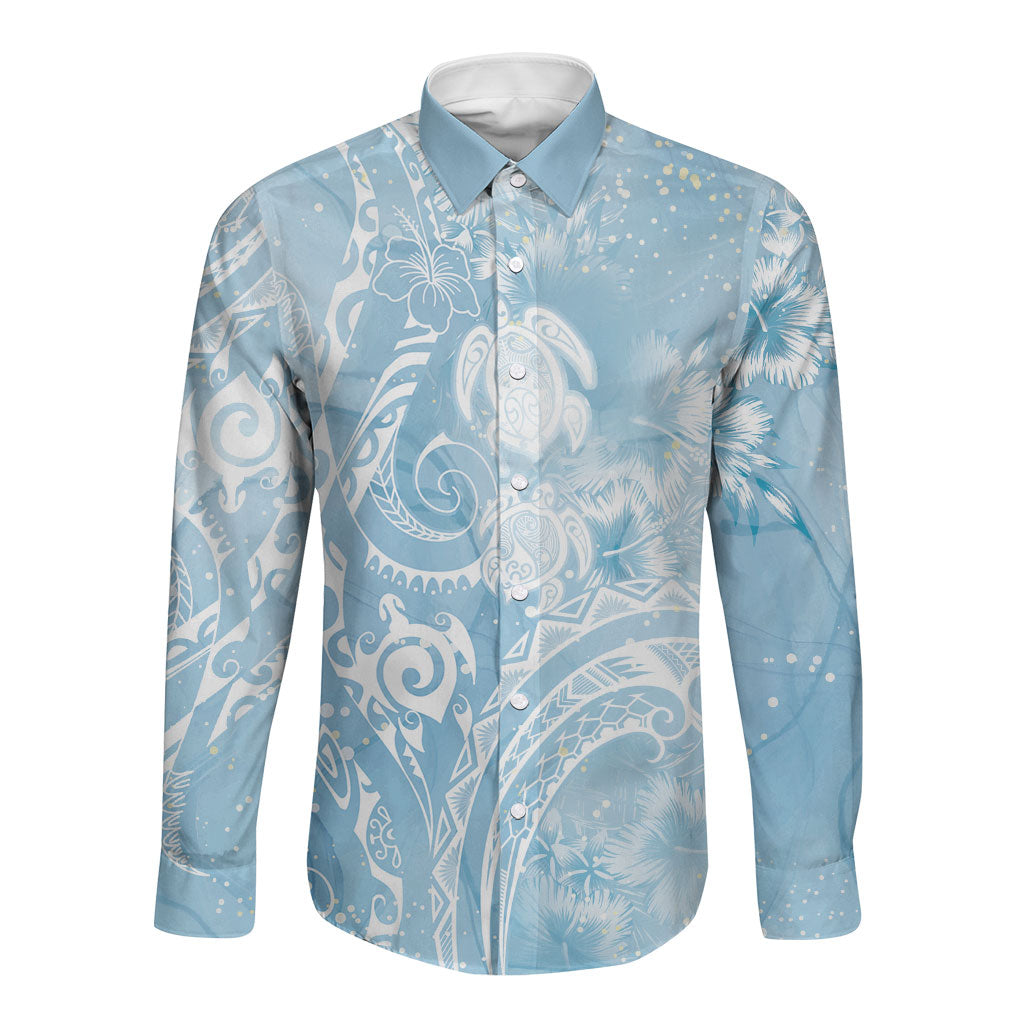 Aloha Hawaii Turtles Floral Long Sleeve Button Shirt Aqua Marbles Glaze LT7 Unisex Aqua - Polynesian Pride