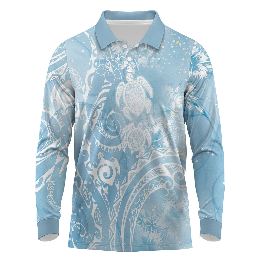 Aloha Hawaii Turtles Floral Long Sleeve Polo Shirt Aqua Marbles Glaze LT7 Aqua - Polynesian Pride