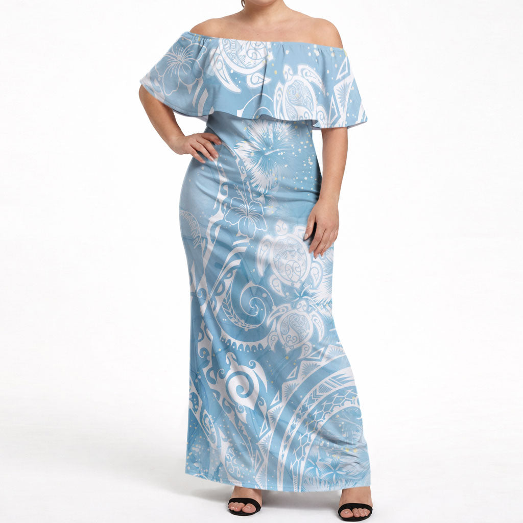 Aloha Hawaii Turtles Floral Off Shoulder Maxi Dress Aqua Marbles Glaze LT7 Women Aqua - Polynesian Pride