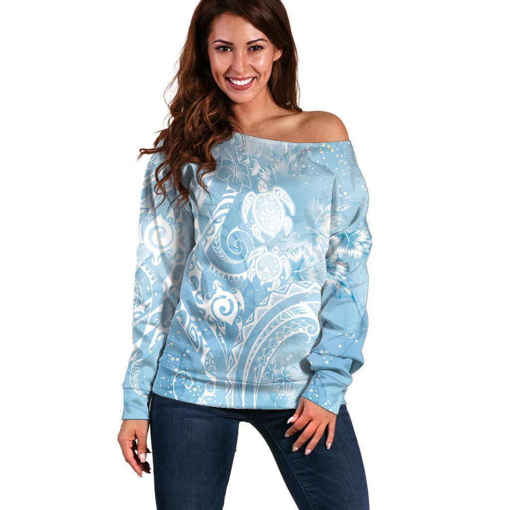 Aloha Hawaii Turtles Floral Off Shoulder Sweater Aqua Marbles Glaze LT7 Women Aqua - Polynesian Pride