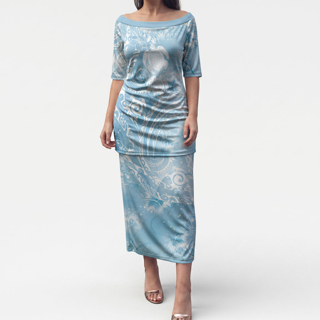 Aloha Hawaii Turtles Floral Puletasi Aqua Marbles Glaze LT7 Long Dress Aqua - Polynesian Pride