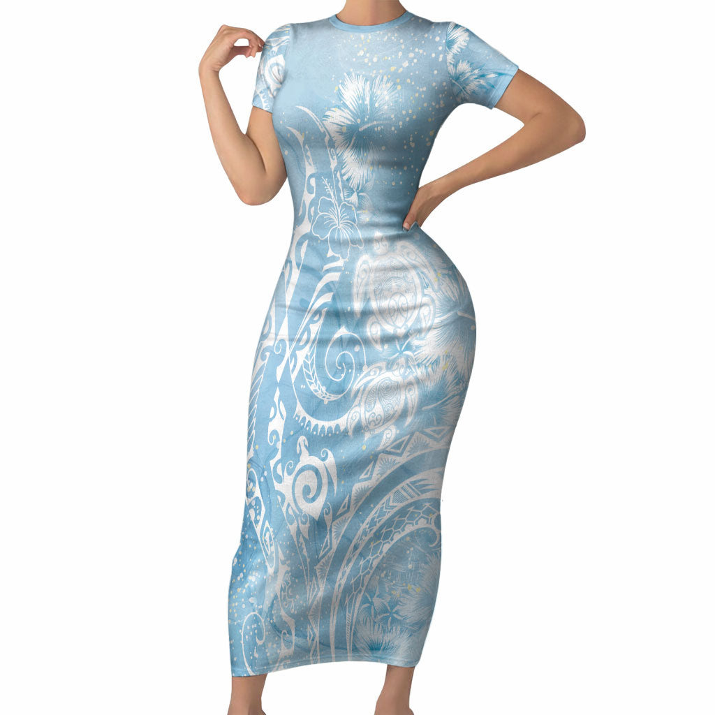 Aloha Hawaii Turtles Floral Short Sleeve Bodycon Dress Aqua Marbles Glaze LT7 Long Dress Aqua - Polynesian Pride