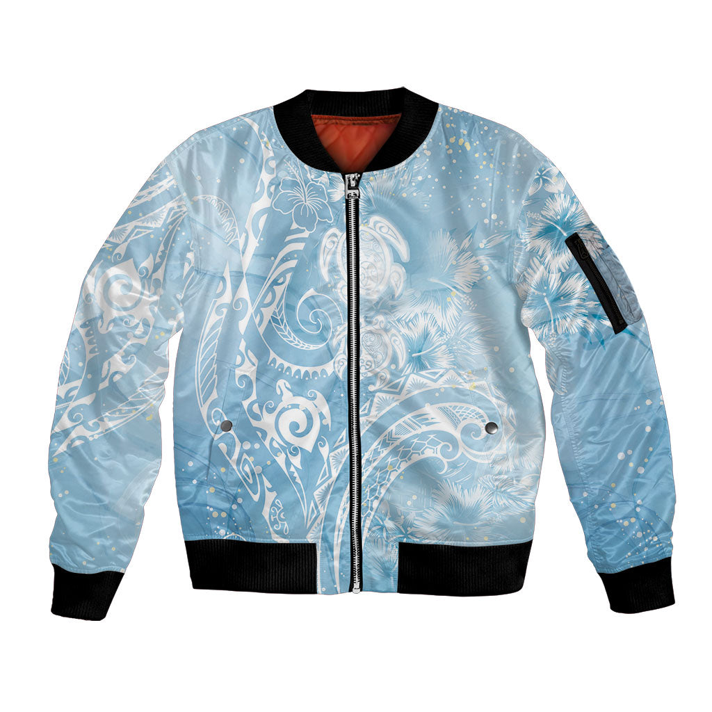 Aloha Hawaii Turtles Floral Sleeve Zip Bomber Jacket Aqua Marbles Glaze
