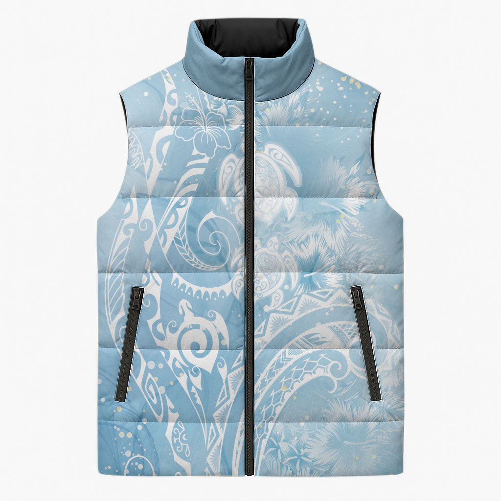 Aloha Hawaii Turtles Floral Sleeveless Puffer Jacket Aqua Marbles Glaze LT7 Unisex Aqua - Polynesian Pride