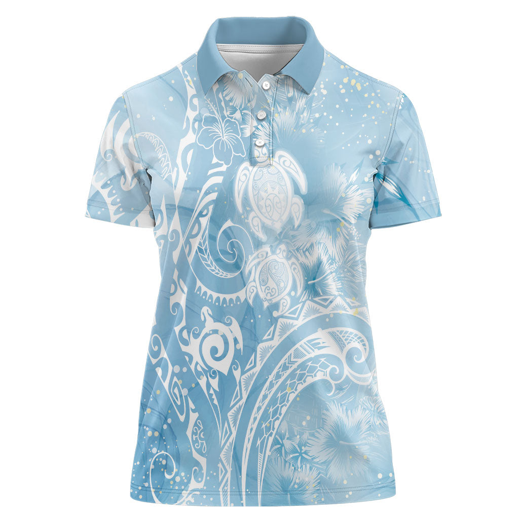 Aloha Hawaii Turtles Floral Women Polo Shirt Aqua Marbles Glaze LT7 Female Aqua - Polynesian Pride