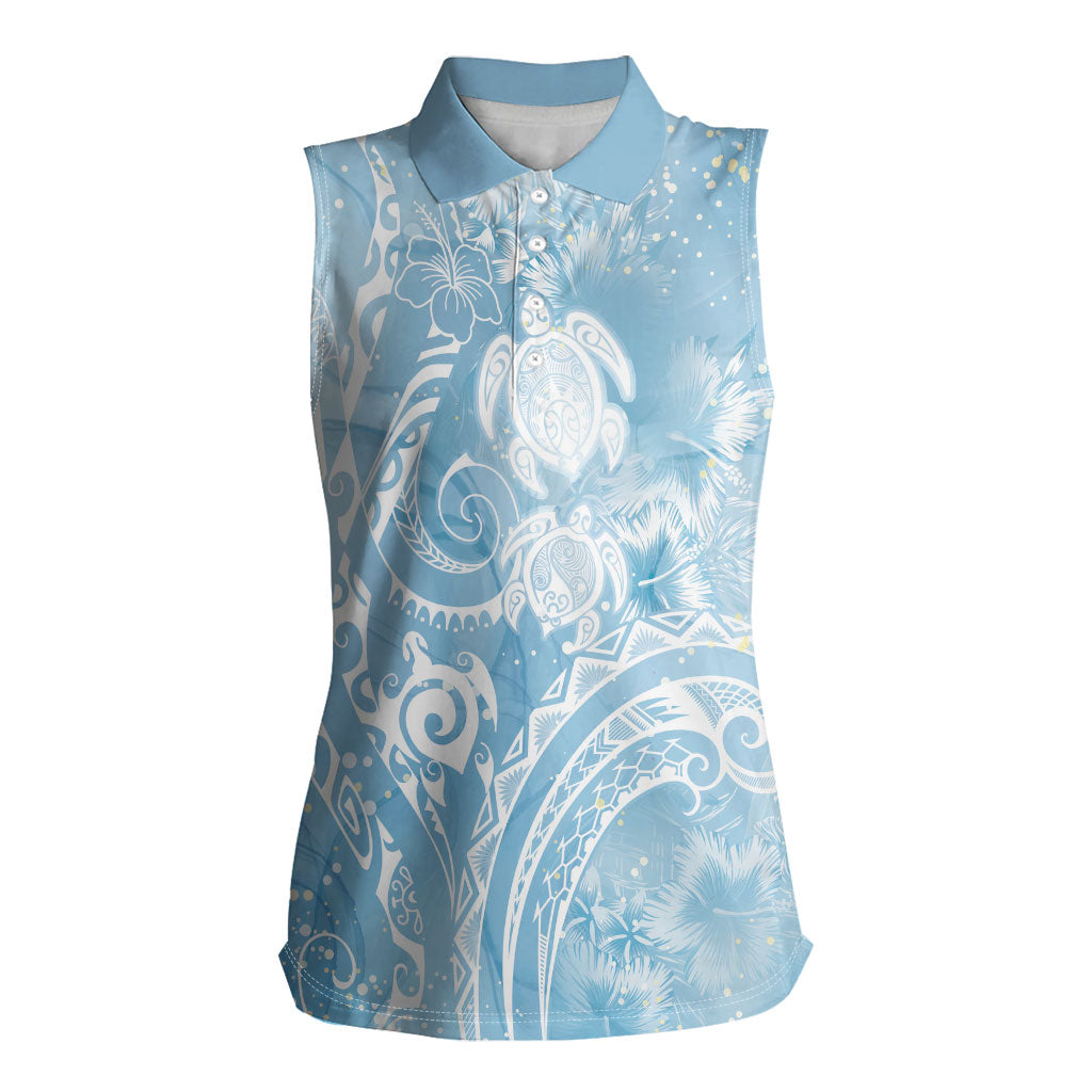 Aloha Hawaii Turtles Floral Women Sleeveless Polo Shirt Aqua Marbles Glaze LT7 Female Aqua - Polynesian Pride