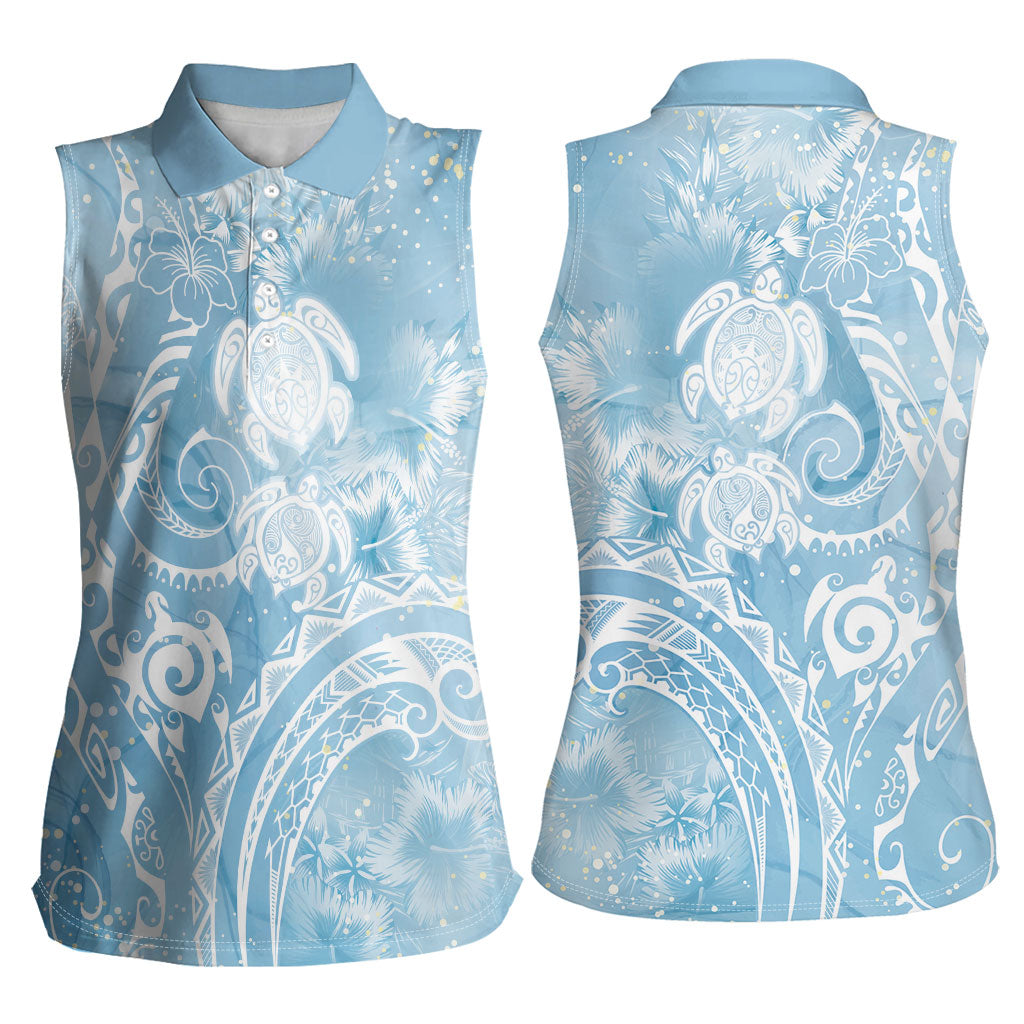 Aloha Hawaii Turtles Floral Women Sleeveless Polo Shirt Aqua Marbles Glaze