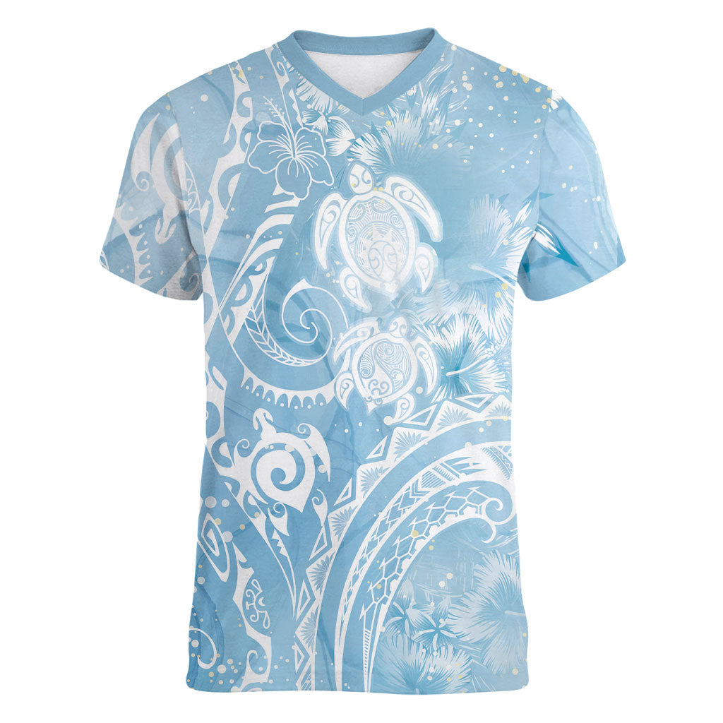 Aloha Hawaii Turtles Floral Women V-Neck T-Shirt Aqua Marbles Glaze LT7 Female Aqua - Polynesian Pride