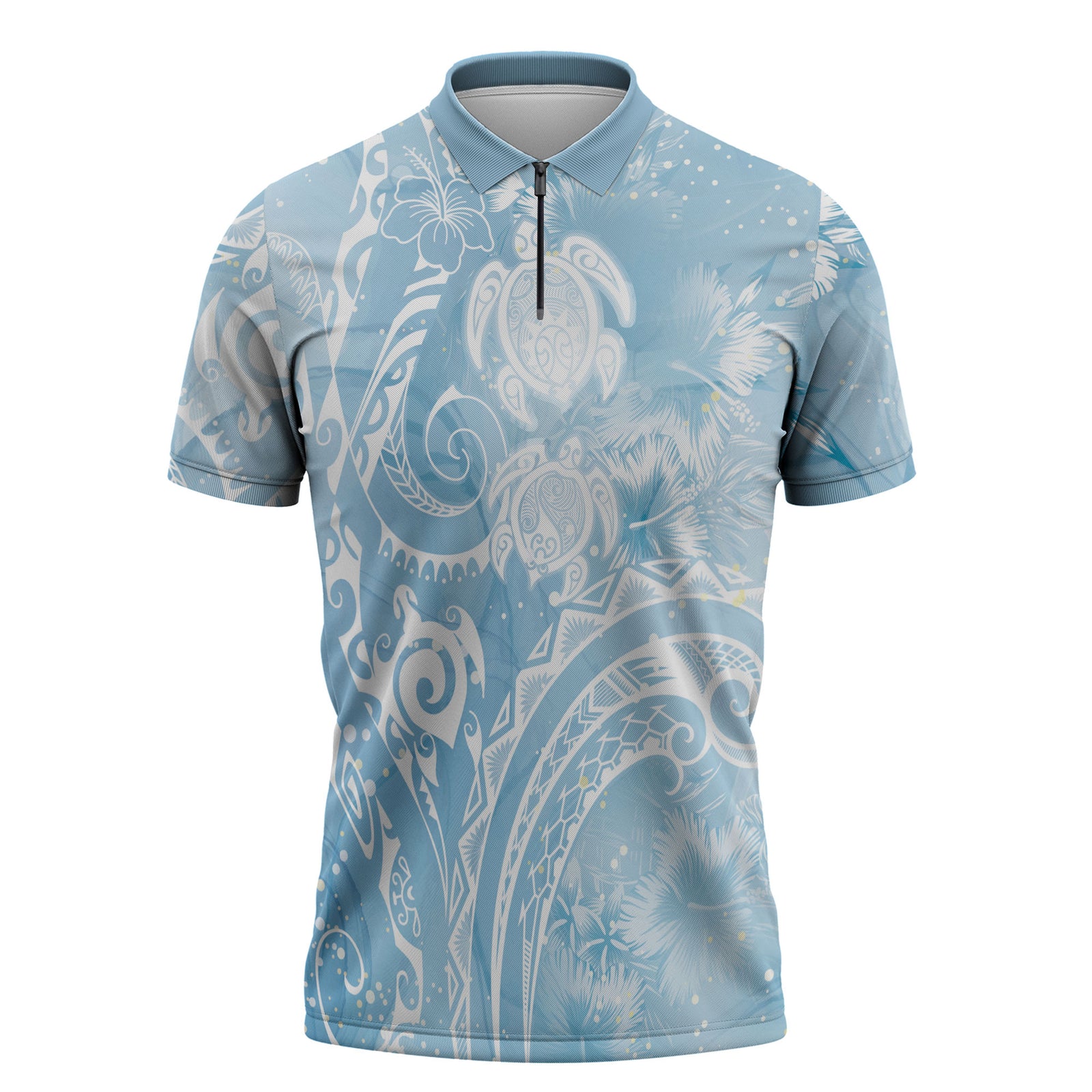 Aloha Hawaii Turtles Floral Zipper Polo Shirt Aqua Marbles Glaze LT7 Aqua - Polynesian Pride