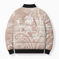 Aloha Hawaii Turtles Floral Bomber Puffer Jacket Taupe Marbles Glaze
