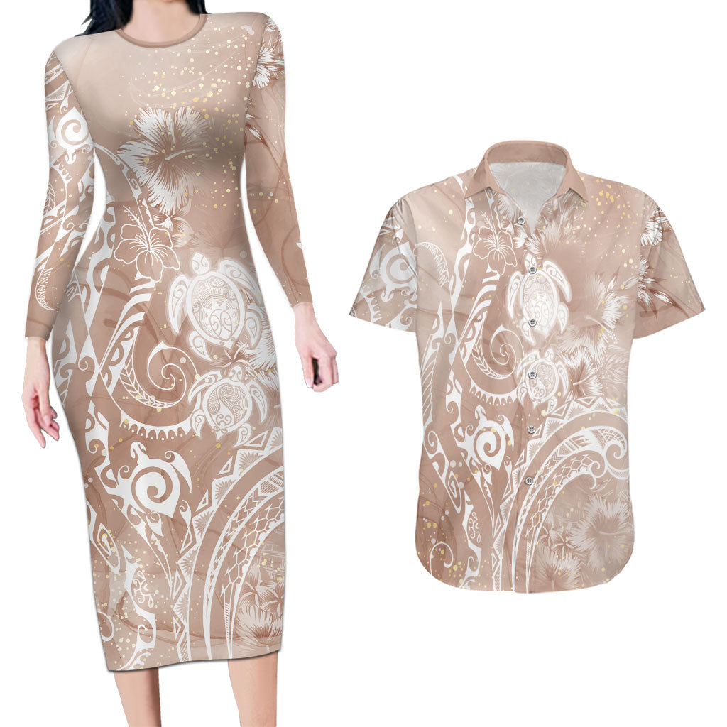 Aloha Hawaii Turtles Floral Couples Matching Long Sleeve Bodycon Dress and Hawaiian Shirt Taupe Marbles Glaze