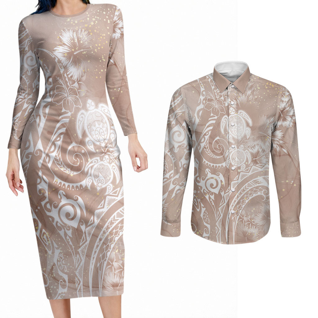 Aloha Hawaii Turtles Floral Couples Matching Long Sleeve Bodycon Dress and Long Sleeve Button Shirt Taupe Marbles Glaze LT7 Taupe - Polynesian Pride