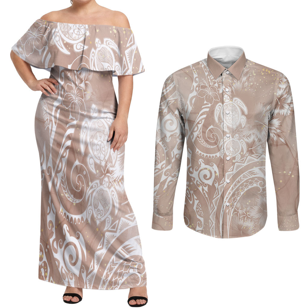Aloha Hawaii Turtles Floral Couples Matching Off Shoulder Maxi Dress and Long Sleeve Button Shirt Taupe Marbles Glaze LT7 Taupe - Polynesian Pride