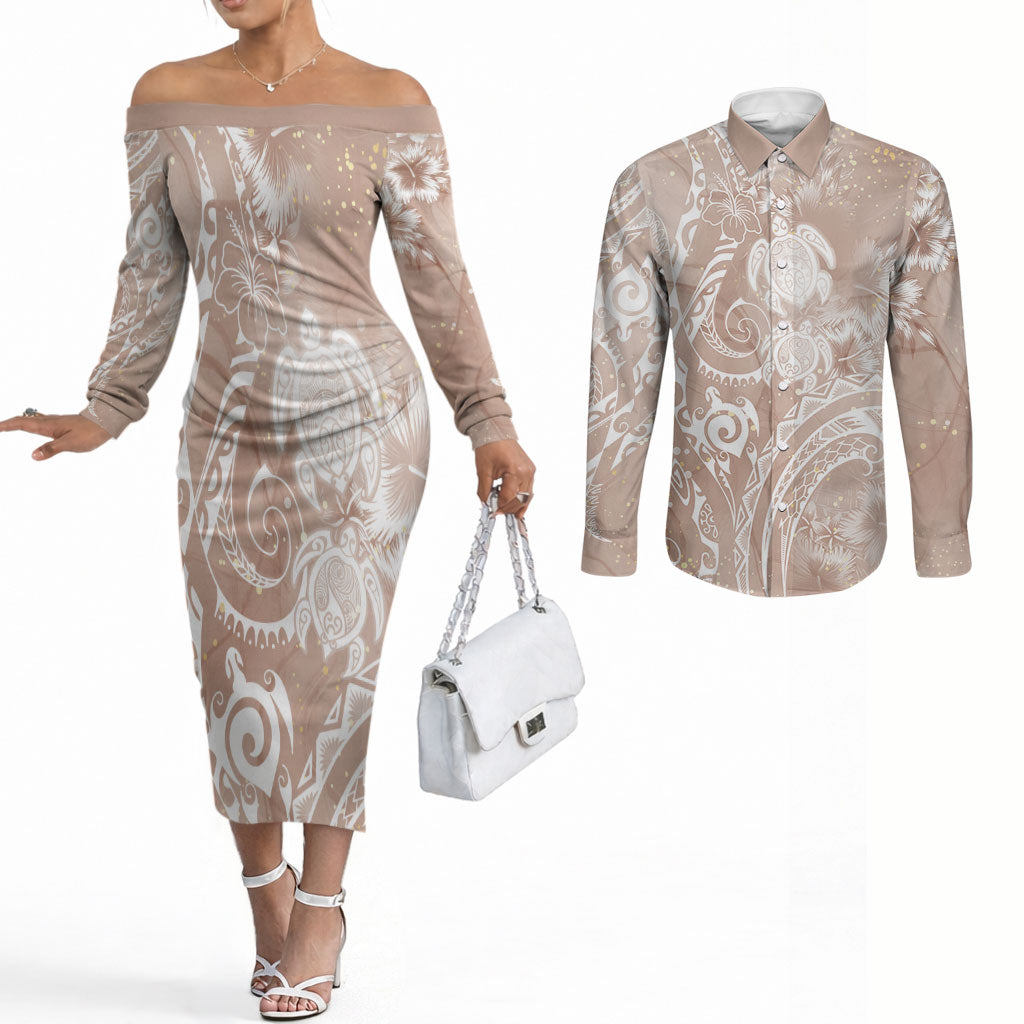 Aloha Hawaii Turtles Floral Couples Matching Off The Shoulder Long Sleeve Dress and Long Sleeve Button Shirt Taupe Marbles Glaze LT7 Taupe - Polynesian Pride
