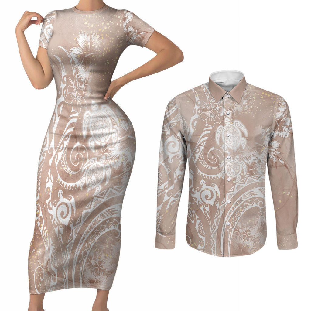 Aloha Hawaii Turtles Floral Couples Matching Short Sleeve Bodycon Dress and Long Sleeve Button Shirt Taupe Marbles Glaze LT7 Taupe - Polynesian Pride