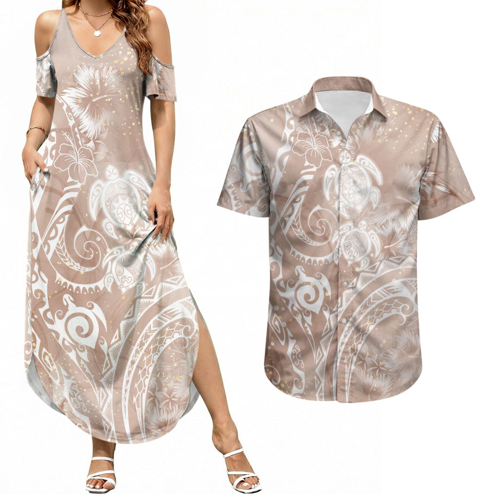 Aloha Hawaii Turtles Floral Couples Matching Summer Maxi Dress and Hawaiian Shirt Taupe Marbles Glaze LT7 Taupe - Polynesian Pride