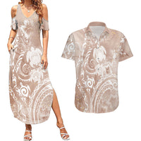 Aloha Hawaii Turtles Floral Couples Matching Summer Maxi Dress and Hawaiian Shirt Taupe Marbles Glaze