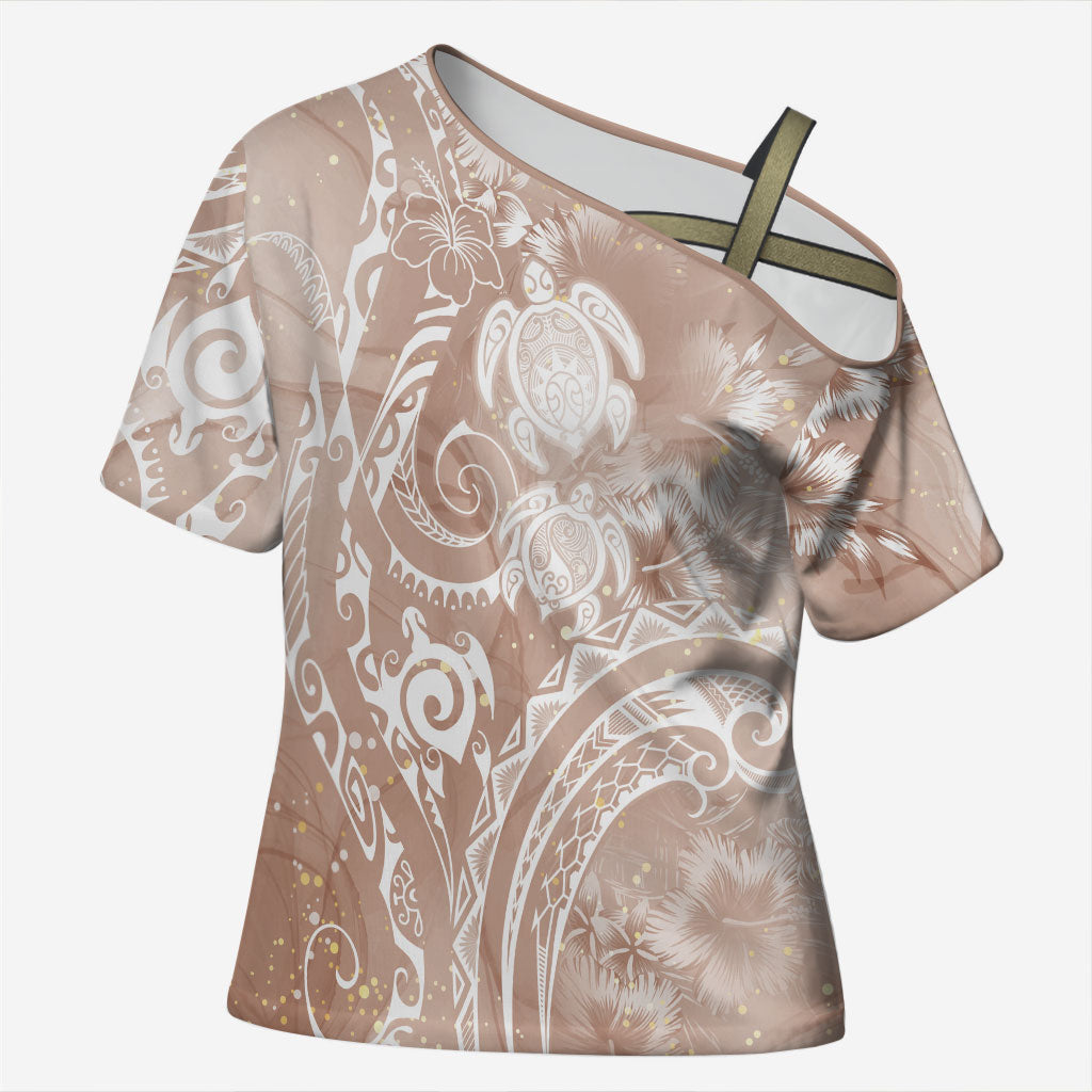 Aloha Hawaii Turtles Floral Cross Shoulder Shirt Taupe Marbles Glaze LT7 Female Taupe - Polynesian Pride