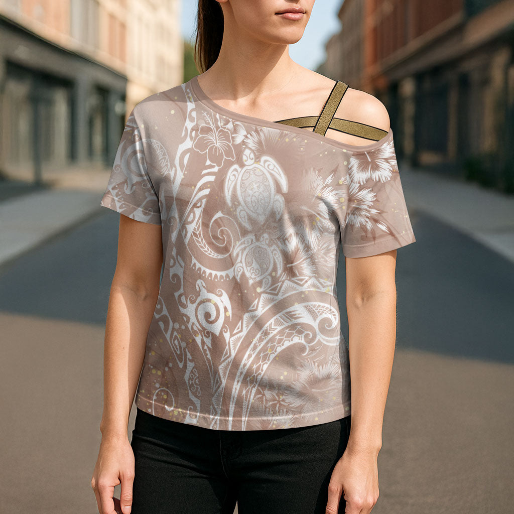 Aloha Hawaii Turtles Floral Cross Shoulder Shirt Taupe Marbles Glaze