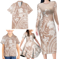 Aloha Hawaii Turtles Floral Family Matching Long Sleeve Bodycon Dress and Hawaiian Shirt Taupe Marbles Glaze