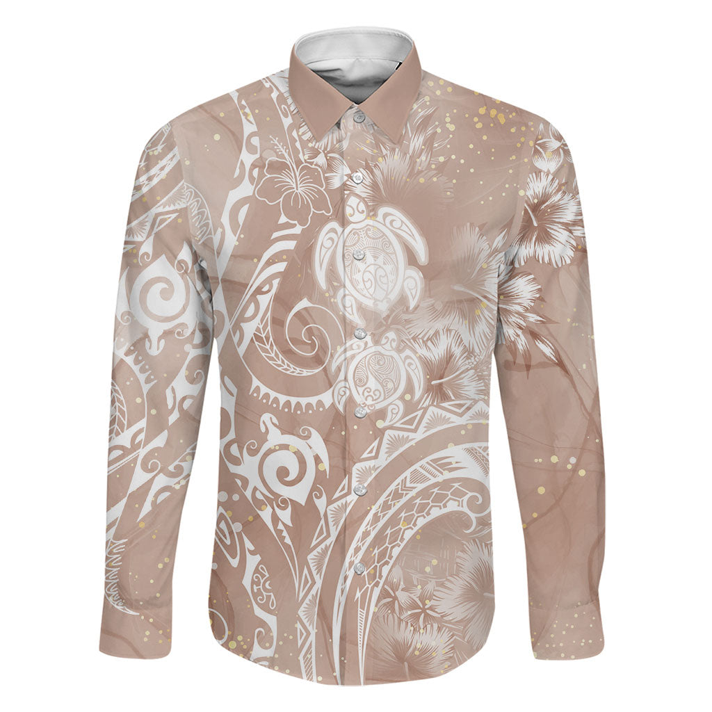 Aloha Hawaii Turtles Floral Family Matching Long Sleeve Bodycon Dress and Hawaiian Shirt Taupe Marbles Glaze