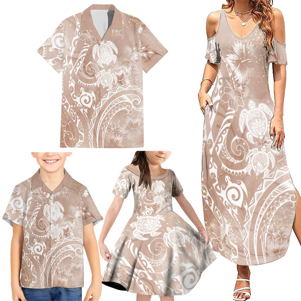 Aloha Hawaii Turtles Floral Family Matching Summer Maxi Dress and Hawaiian Shirt Taupe Marbles Glaze