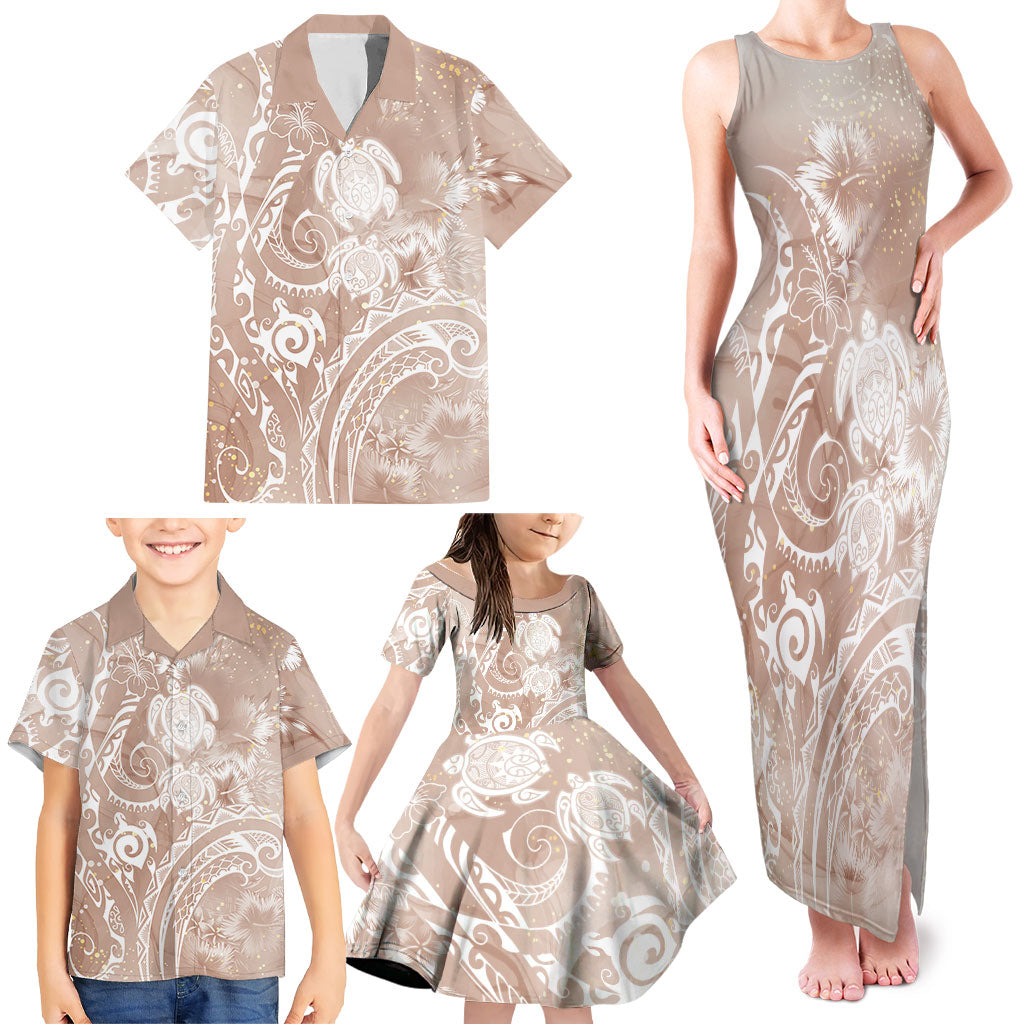 Aloha Hawaii Turtles Floral Family Matching Tank Maxi Dress and Hawaiian Shirt Taupe Marbles Glaze