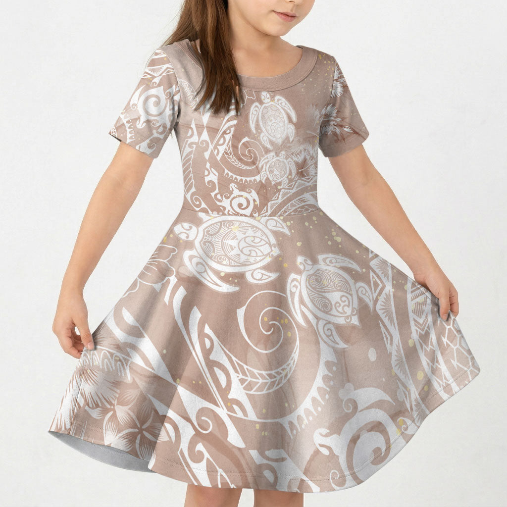 Aloha Hawaii Turtles Floral Kid Short Sleeve Dress Taupe Marbles Glaze LT7 KID Taupe - Polynesian Pride