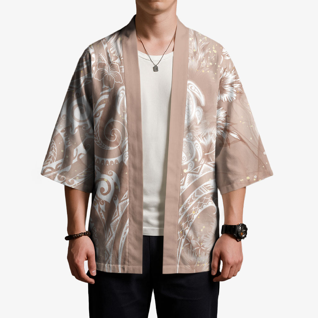 Aloha Hawaii Turtles Floral Kimono Taupe Marbles Glaze