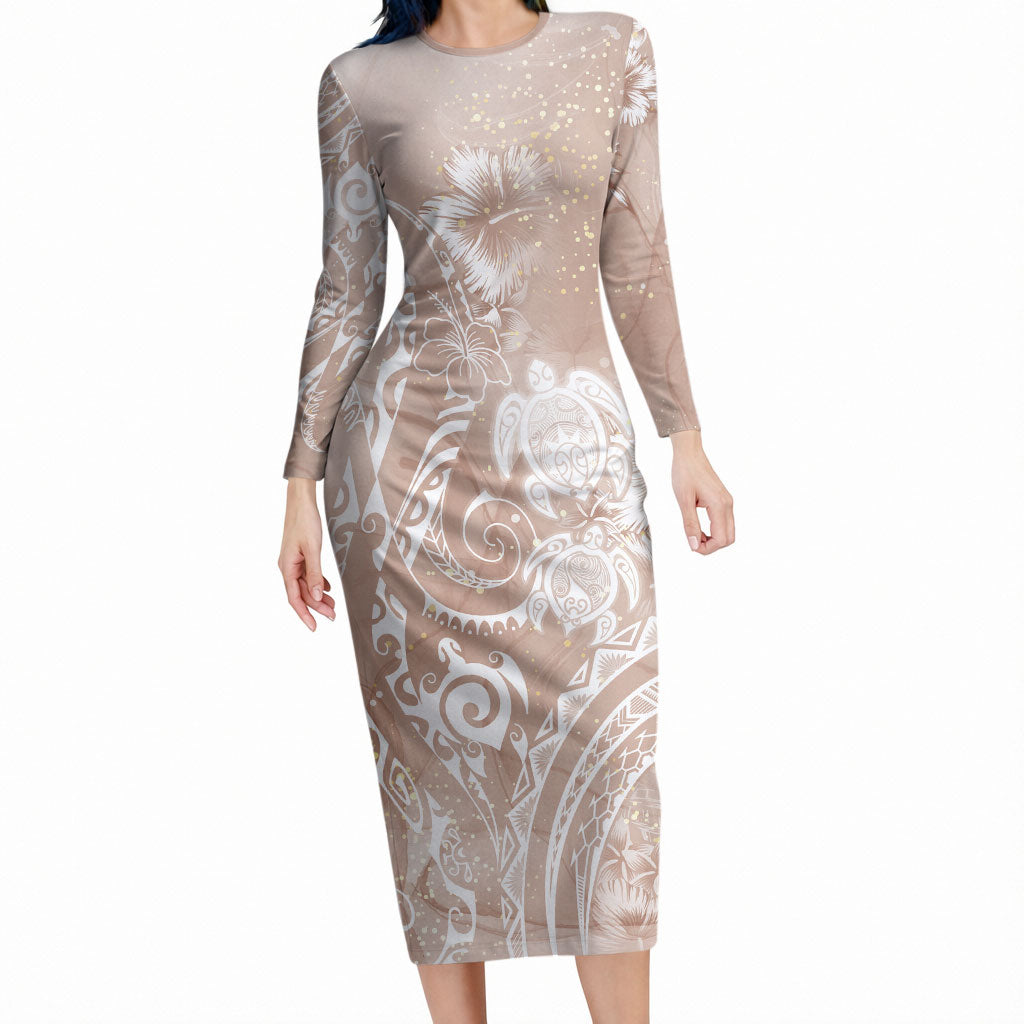 Aloha Hawaii Turtles Floral Long Sleeve Bodycon Dress Taupe Marbles Glaze LT7 Long Dress Taupe - Polynesian Pride