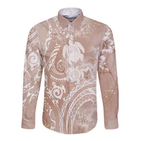 Aloha Hawaii Turtles Floral Long Sleeve Button Shirt Taupe Marbles Glaze