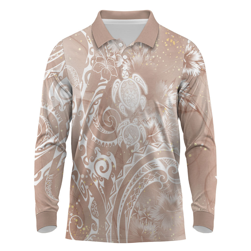 Aloha Hawaii Turtles Floral Long Sleeve Polo Shirt Taupe Marbles Glaze LT7 Taupe - Polynesian Pride