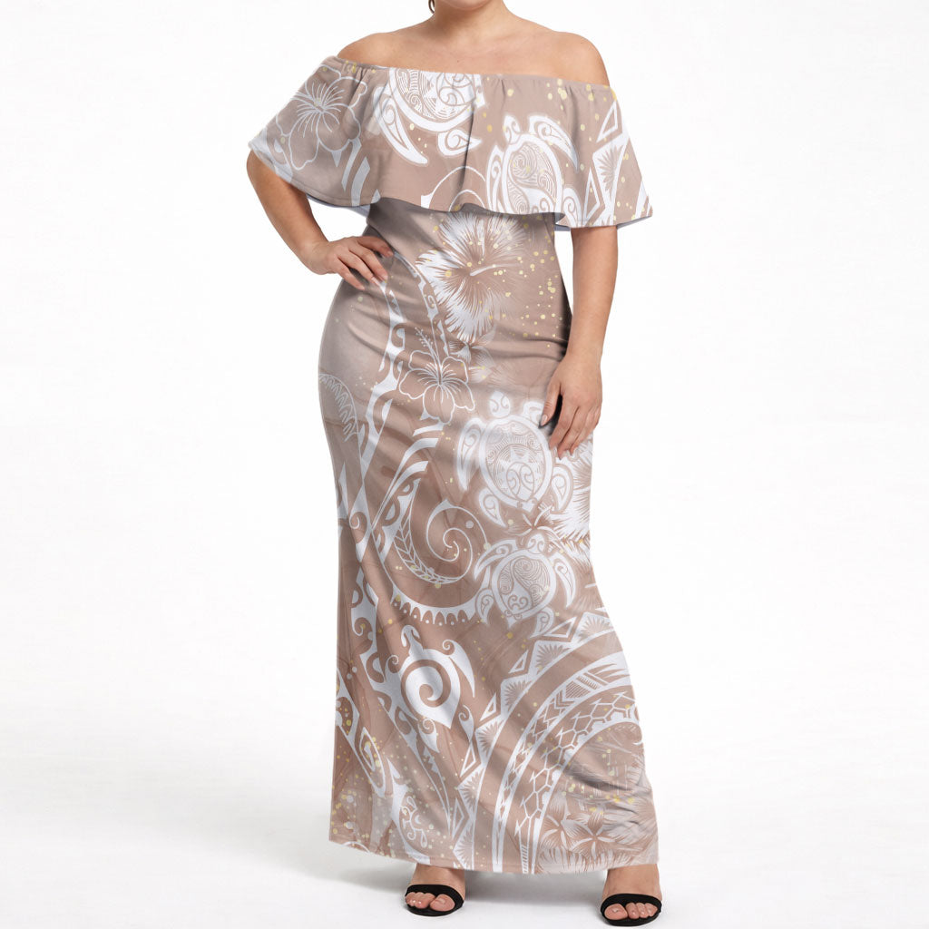 Aloha Hawaii Turtles Floral Off Shoulder Maxi Dress Taupe Marbles Glaze LT7 Women Taupe - Polynesian Pride